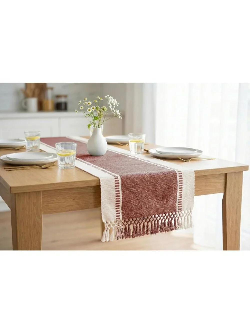 Rustic Table Runner - Wide Dobby Stripe, Heavy Ribbed Weave, Fringed 14x90